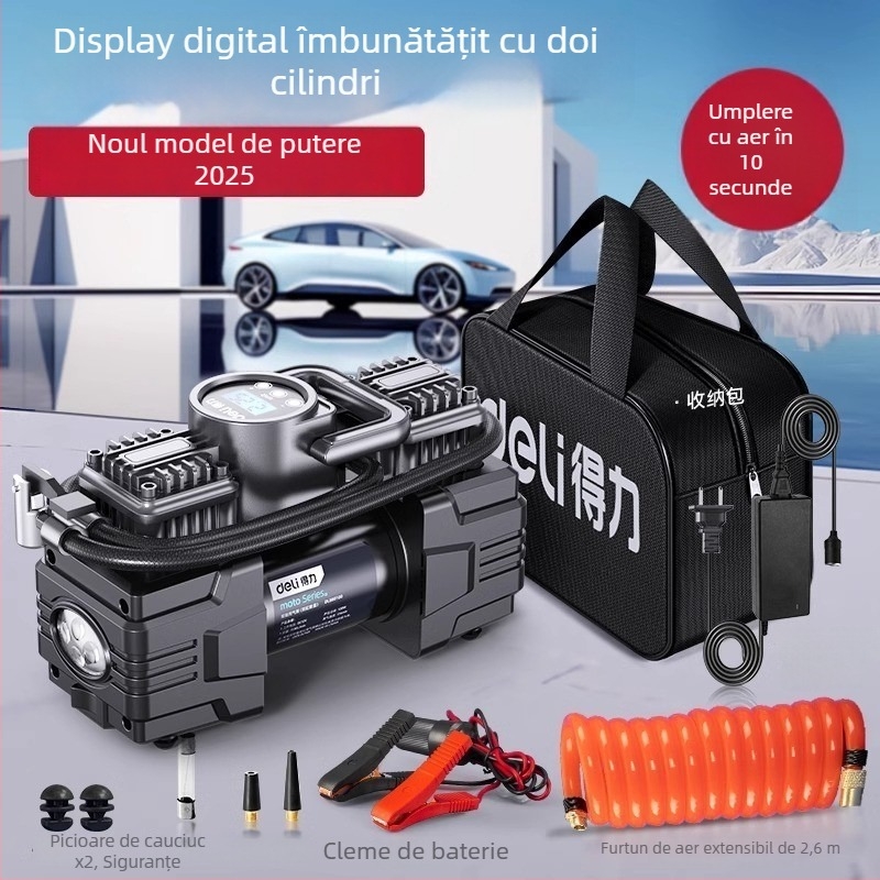 Deli pompă de pneu auto cu două cilindri, portabilă, presiune înaltă, putere mare