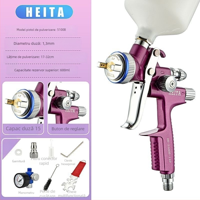 Pistol de pulverizare Violet 5200 pentru vopsirea auto și a lemnului, pistol pneumatic cu utilizare duală pentru vopsele pe bază de ulei și apă