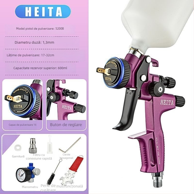 Pistol de pulverizare Violet 5200 pentru vopsirea auto și a lemnului, pistol pneumatic cu utilizare duală pentru vopsele pe bază de ulei și apă