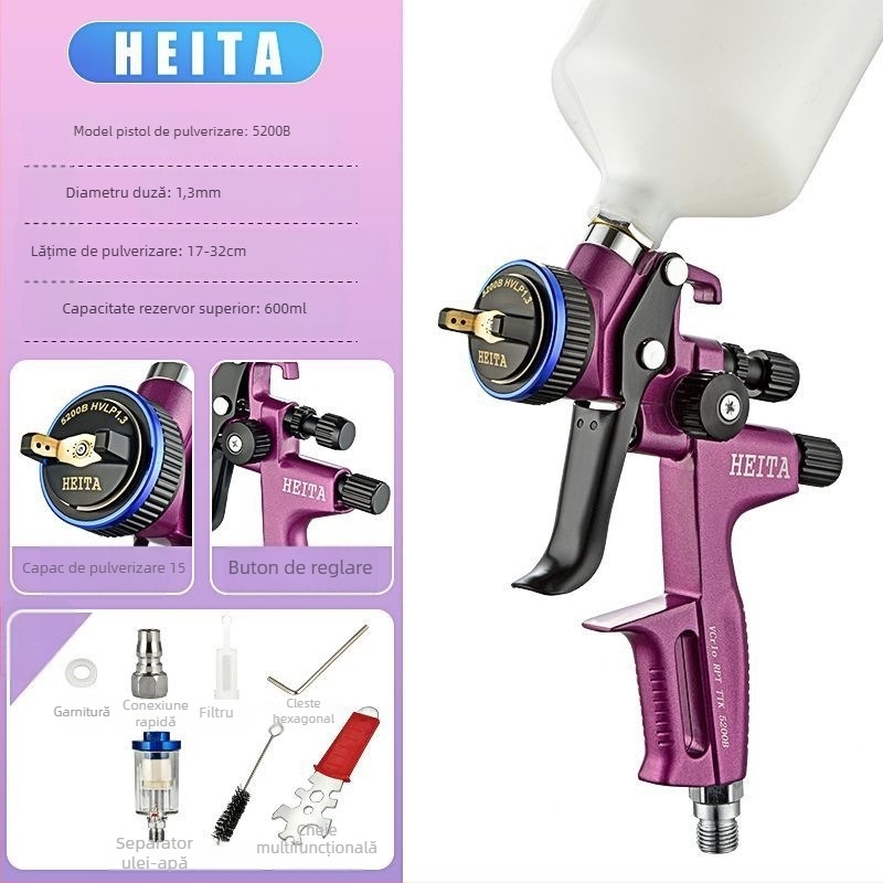 Pistol de pulverizare Violet 5200 pentru vopsirea auto și a lemnului, pistol pneumatic cu utilizare duală pentru vopsele pe bază de ulei și apă