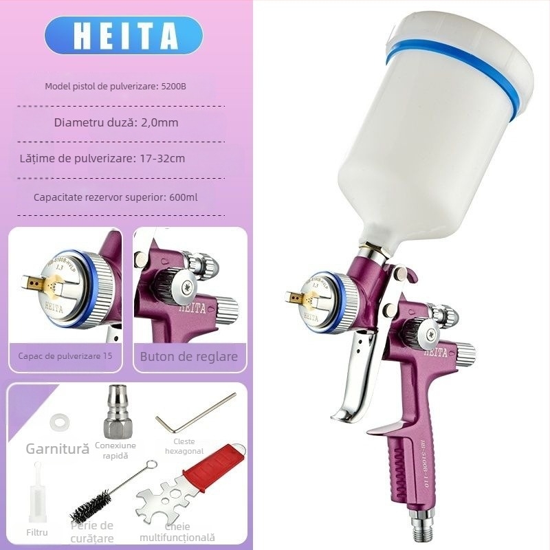 Pistol de pulverizare Violet 5200 pentru vopsirea auto și a lemnului, pistol pneumatic cu utilizare duală pentru vopsele pe bază de ulei și apă