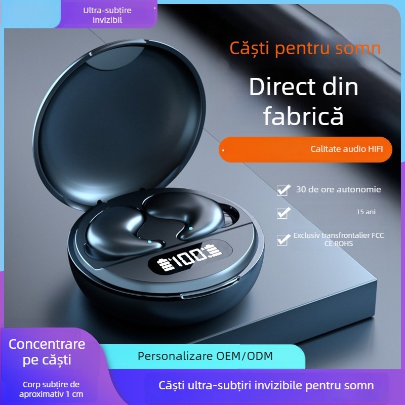 Căști Bluetooth M52 pentru somn, fără fir, in-ear, ultra-subțiri, cu design pentru dormit pe o parte, pentru sport și alergare, cu display, latență scăzută