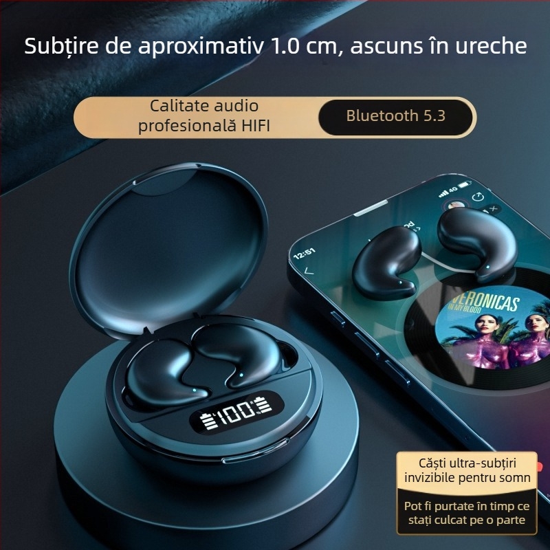 Căști Bluetooth M52 pentru somn, fără fir, in-ear, ultra-subțiri, cu design pentru dormit pe o parte, pentru sport și alergare, cu display, latență scăzută