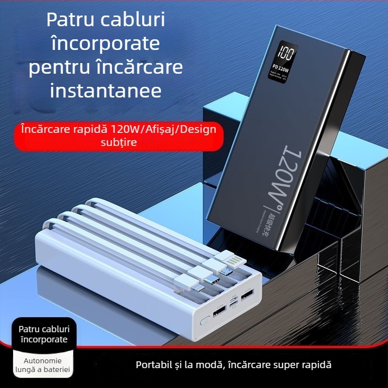 Power Bank 120W încărcare rapidă, cablu încorporat, 4 în 1, capacitate 20000mAh