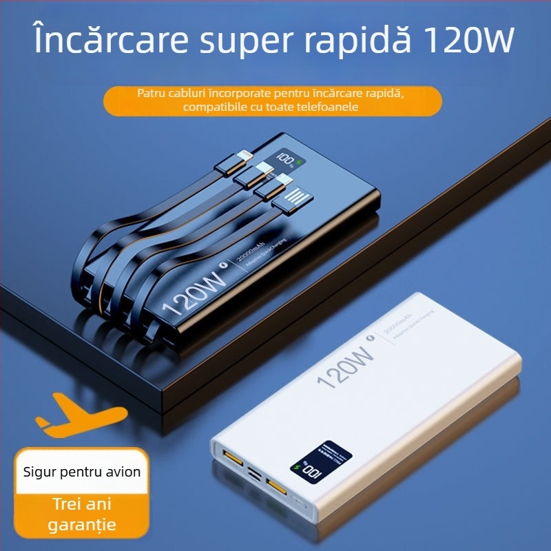 Power Bank 120W încărcare rapidă, cablu încorporat, 4 în 1, capacitate 20000mAh