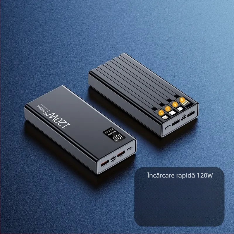 Power Bank 120W încărcare rapidă, cablu încorporat, 4 în 1, capacitate 20000mAh