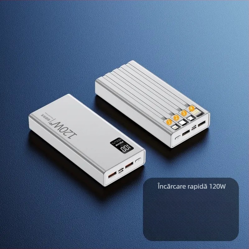 Power Bank 120W încărcare rapidă, cablu încorporat, 4 în 1, capacitate 20000mAh