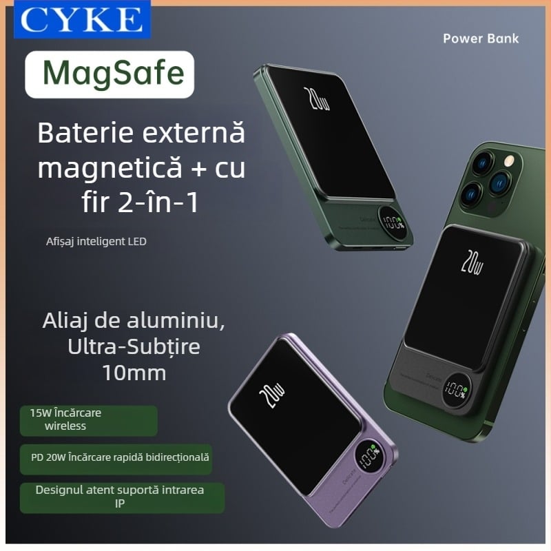 Q9 Bancă de energie magnetică cu încărcare wireless, 15W, aliaj de aluminiu, ultra-subțire, afișaj digital, 10000mAh