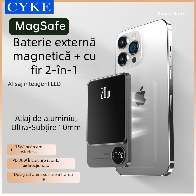 Q9 Bancă de energie magnetică cu încărcare wireless, 15W, aliaj de aluminiu, ultra-subțire, afișaj digital, 10000mAh