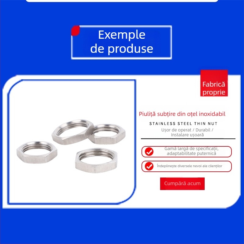 Piuliță subțire din oțel inoxidabil, filet fin, conector rezervor, filet imperial, piuliță hex extern subțire