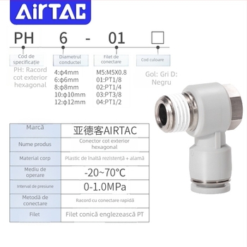 Fiting pneumatic cu conectare rapidă, filet extern hexagonal, cot unghiular PH4-6-8-10-12/M5-01-02-03-04