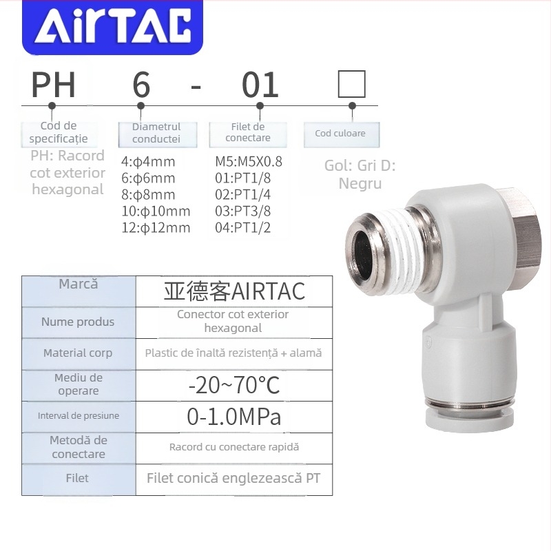Fiting pneumatic cu conectare rapidă, filet extern hexagonal, cot unghiular PH4-6-8-10-12/M5-01-02-03-04