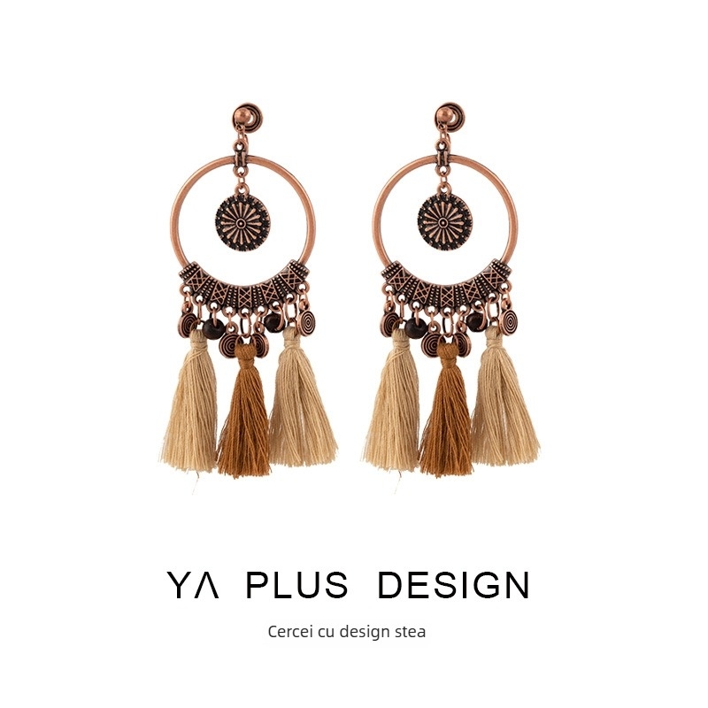Cercei etno-retro cu franjuri din sfoară în trei culori, stil boem pentru vacanțe, clipsuri pentru urechi fără piercing