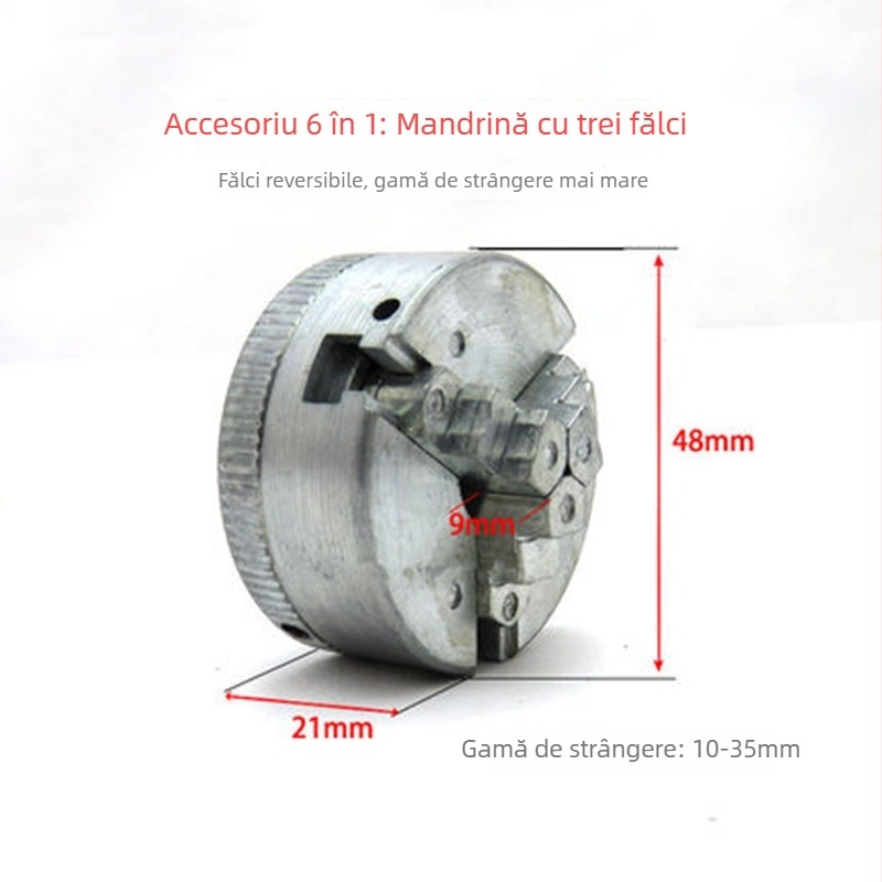 Accesoriu metalic șase în unu pentru micro-unealtă: mandrină cu trei gheare și tijă de conectare