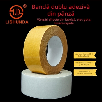 Bandă dublu-adezivă pe bază de pânză, vâscozitate înaltă, pentru covoare late, bandă transparentă cu plasă din fibre de sticlă
