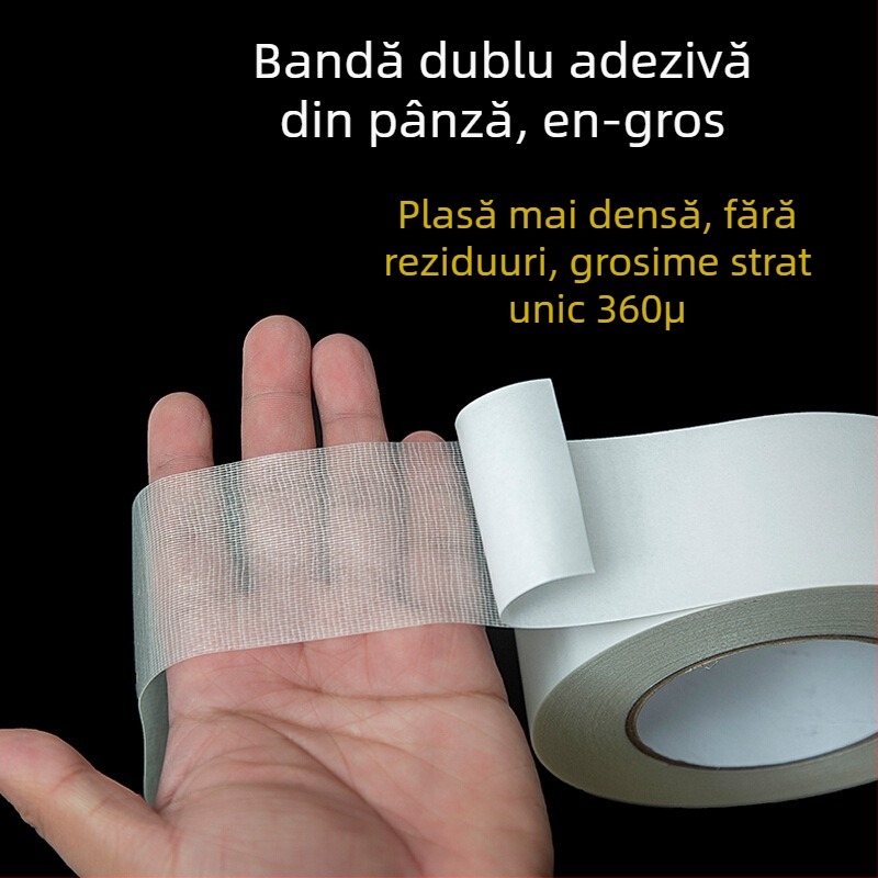 Bandă dublu-adezivă pe bază de pânză, vâscozitate înaltă, pentru covoare late, bandă transparentă cu plasă din fibre de sticlă