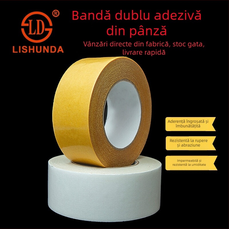 Bandă dublu-adezivă pe bază de pânză, vâscozitate înaltă, pentru covoare late, bandă transparentă cu plasă din fibre de sticlă