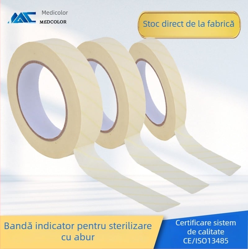 Bandă indicator pentru sterilizare la temperaturi înalte, cu schimbare de culoare, din hârtie creponată pentru ambalare sterilă