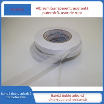 Bandă dublu-façetă albă, transparentă, pe bază de hârtie țesută cu substrat nețesut, aderență puternică, personalizabilă