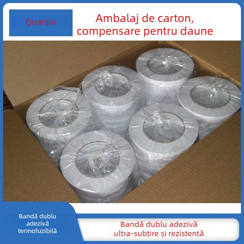 Bandă dublu-façetă albă, transparentă, pe bază de hârtie țesută cu substrat nețesut, aderență puternică, personalizabilă