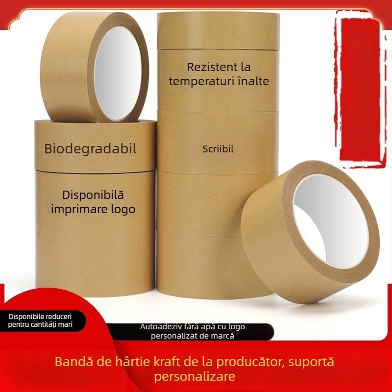 Bandă din hârtie kraft rezistentă la temperaturi înalte, cu vâscozitate mare, suprafață de scriere, biodegradabilă, mată, autocolantă pentru ambalare, 50mm x 50m, grosime 0,13mm