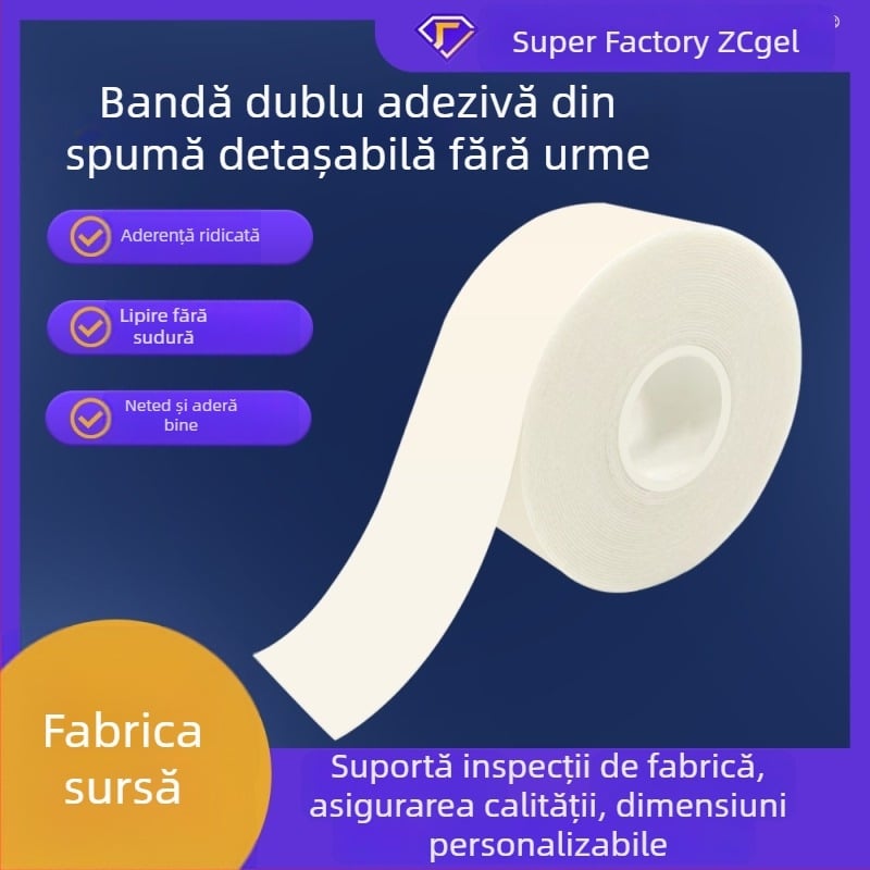 Bandă dublu-adezivă din spumă, aderență puternică, adeziv PU moale, detașabilă, fără reziduuri