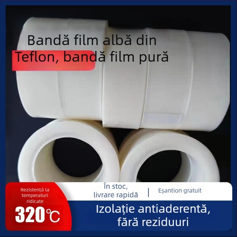 Bandă din film PTFE, albă, cu suport din silicon, rezistentă la temperaturi înalte și la coroziune, bandă de protecție PTFE. Lățimea și lungimea se pot personaliza, grosime 0.05–0.25 mm.
