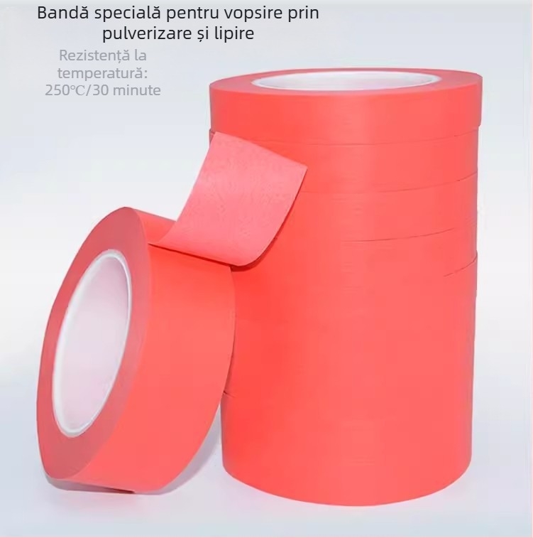 Bandă de mascare roșie pentru vopsire cu spray, din hârtie texturată, fără reziduuri, rezistență la penetrare, temperaturi înalte, aderență ridicată