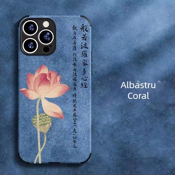 Carcasă pentru telefon din piele sintetică cu efect suede Lotus Heart, stil chinezesc, compatibilă cu iPhone 15, Huawei, OPPO, Xiaomi, VIVO și Honor