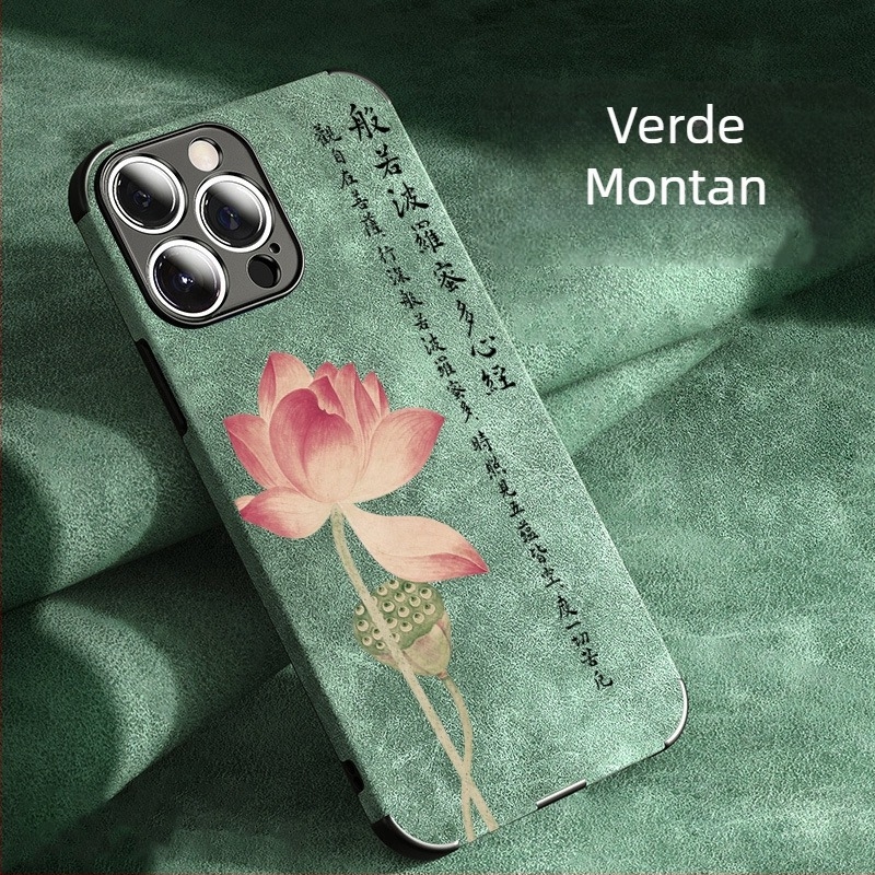 Carcasă pentru telefon din piele sintetică cu efect suede Lotus Heart, stil chinezesc, compatibilă cu iPhone 15, Huawei, OPPO, Xiaomi, VIVO și Honor