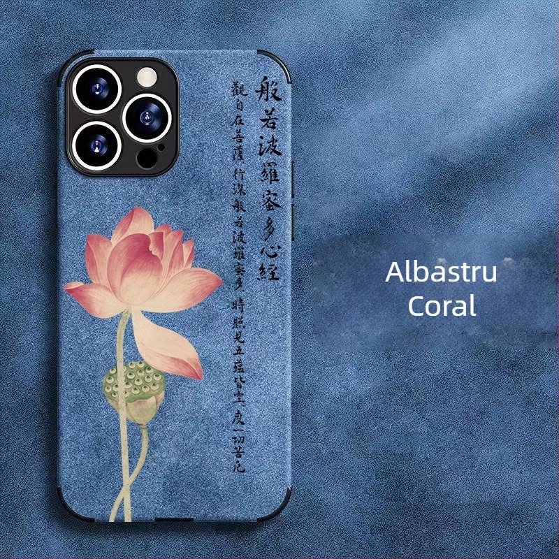 Carcasă pentru telefon din piele sintetică cu efect suede Lotus Heart, stil chinezesc, compatibilă cu iPhone 15, Huawei, OPPO, Xiaomi, VIVO și Honor