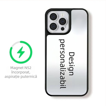 Carcasă personalizată pentru iPhone 16 Pro, 15 Pro și 14 Pro, cu ramă neagră și finisaj oglindă argintiu, compatibil MagSafe
