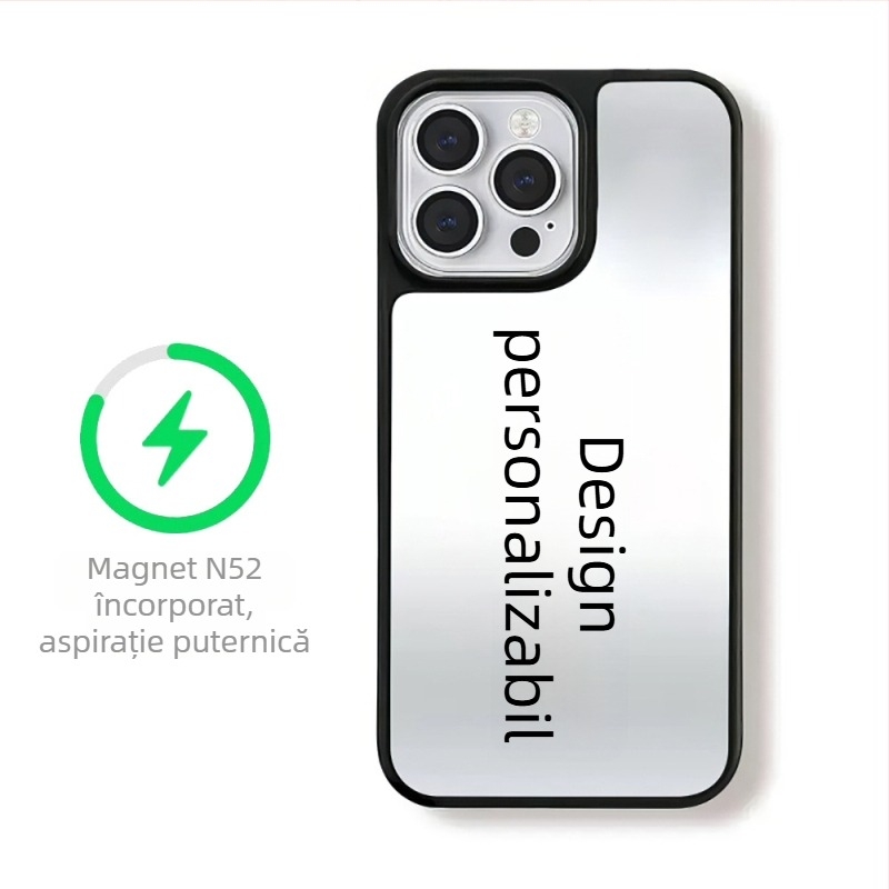 Carcasă personalizată pentru iPhone 16 Pro, 15 Pro și 14 Pro, cu ramă neagră și finisaj oglindă argintiu, compatibil MagSafe