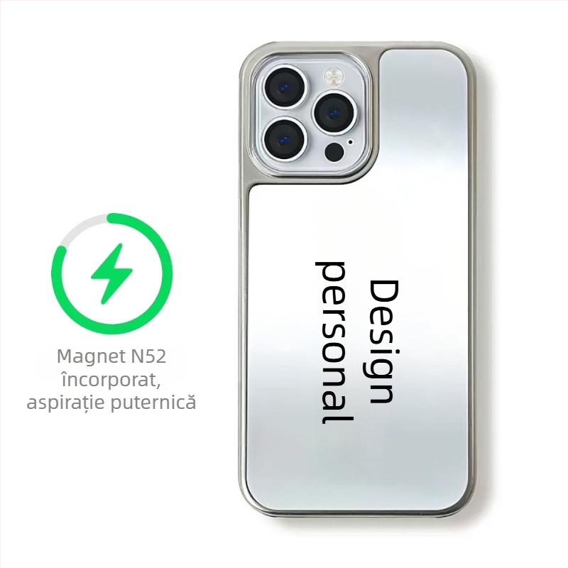 Carcasă personalizată pentru iPhone 16 Pro, 15 Pro și 14 Pro, cu ramă neagră și finisaj oglindă argintiu, compatibil MagSafe
