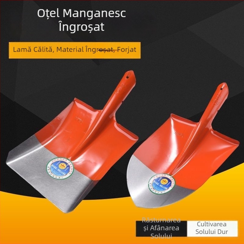 Lopată agricolă din oțel mangan cu mâner din lemn, construcție din oțel complet călit, lopată pentru cărbune cu vârf pătrat plat, pentru exterior