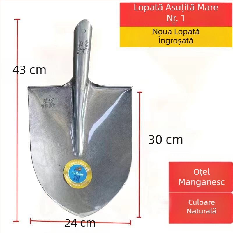 Lopată agricolă din oțel mangan cu mâner din lemn, construcție din oțel complet călit, lopată pentru cărbune cu vârf pătrat plat, pentru exterior