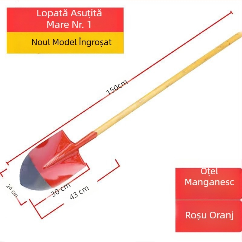 Lopată agricolă din oțel mangan cu mâner din lemn, construcție din oțel complet călit, lopată pentru cărbune cu vârf pătrat plat, pentru exterior