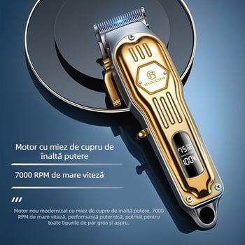 Foarfe de păr reîncărcabilă pentru frizerie – cap de tăiere detașabil și lavabil, lame din oțel inoxidabil, motor cu peri, carcasă electroplată, autonomie baterie 1-3 ore
