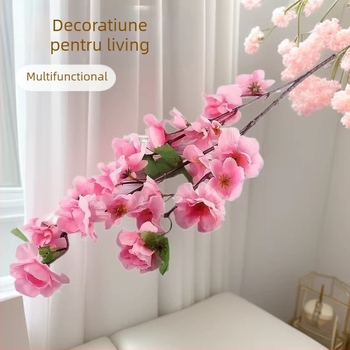 Buchet artificial cu flori de piersic, 5 flori, decor elegant pentru living, aranjament floral simplu