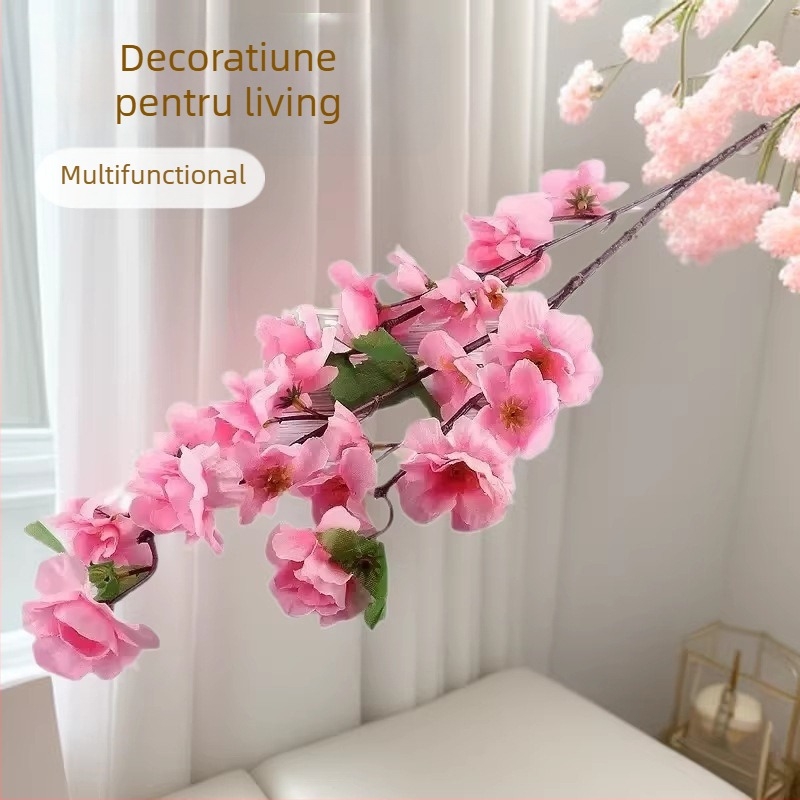 Buchet artificial cu flori de piersic, 5 flori, decor elegant pentru living, aranjament floral simplu