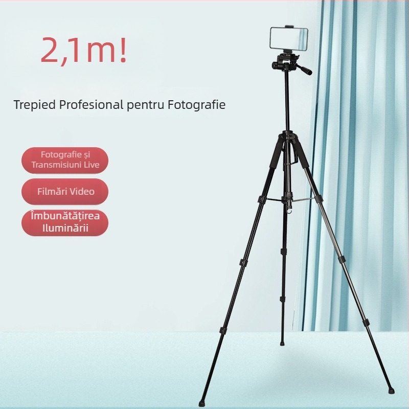 Trepied de fotografie de 2,1 m, cu suport pentru telefon și suport pentru lampă de pescuit de noapte, pentru streaming live