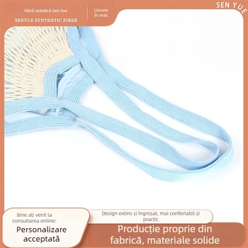 Geantă de cumpărături din plasă de bumbac, margine albastră, pentru cumpărături, plajă și fructe și legume