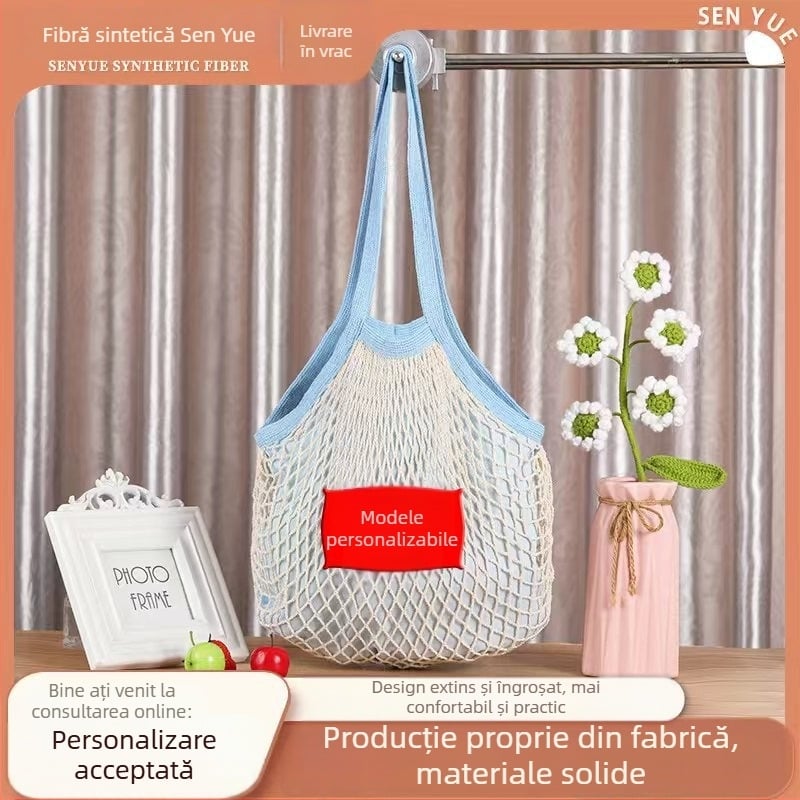 Geantă de cumpărături din plasă de bumbac, margine albastră, pentru cumpărături, plajă și fructe și legume
