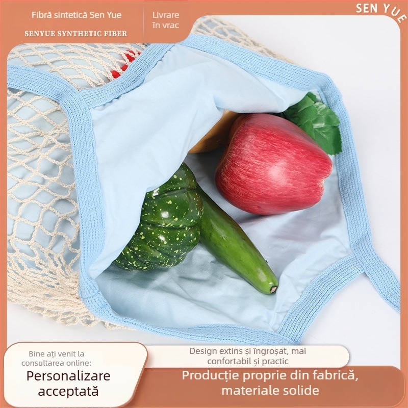 Geantă de cumpărături din plasă de bumbac, margine albastră, pentru cumpărături, plajă și fructe și legume