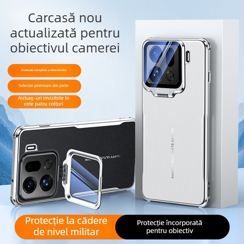 Husă OPPO Find X9S Pro / Find X8U cu suport metalic pentru obiectiv, textură de piele, protecție de lux ușoară. Culori: Alb, Roșu, Negru
