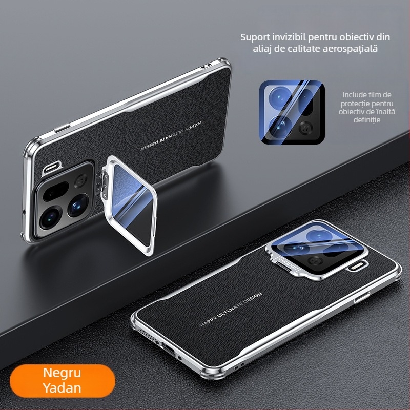 Husă OPPO Find X9S Pro / Find X8U cu suport metalic pentru obiectiv, textură de piele, protecție de lux ușoară. Culori: Alb, Roșu, Negru