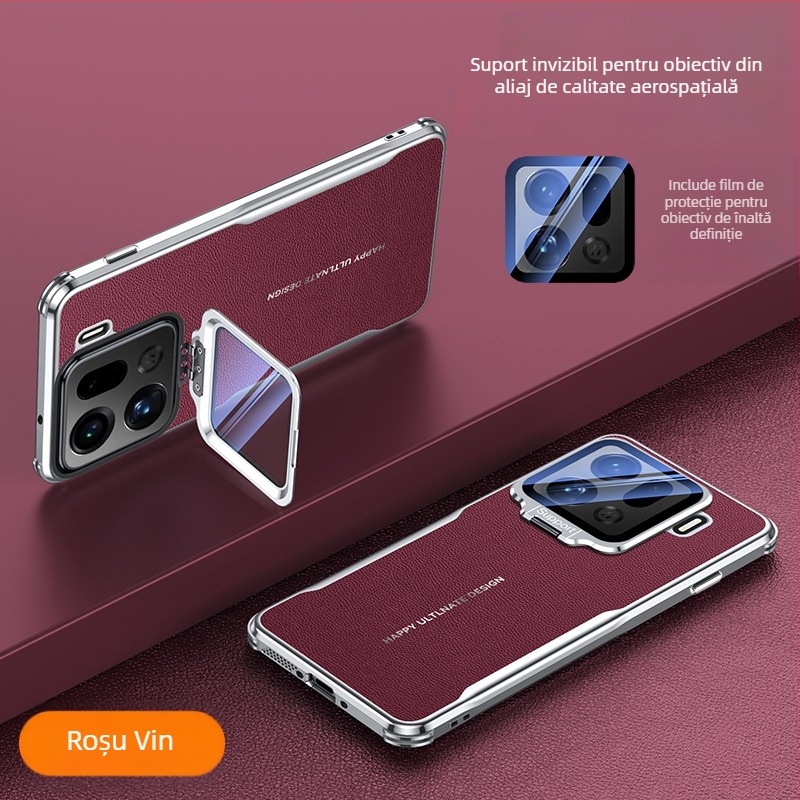 Husă OPPO Find X9S Pro / Find X8U cu suport metalic pentru obiectiv, textură de piele, protecție de lux ușoară. Culori: Alb, Roșu, Negru