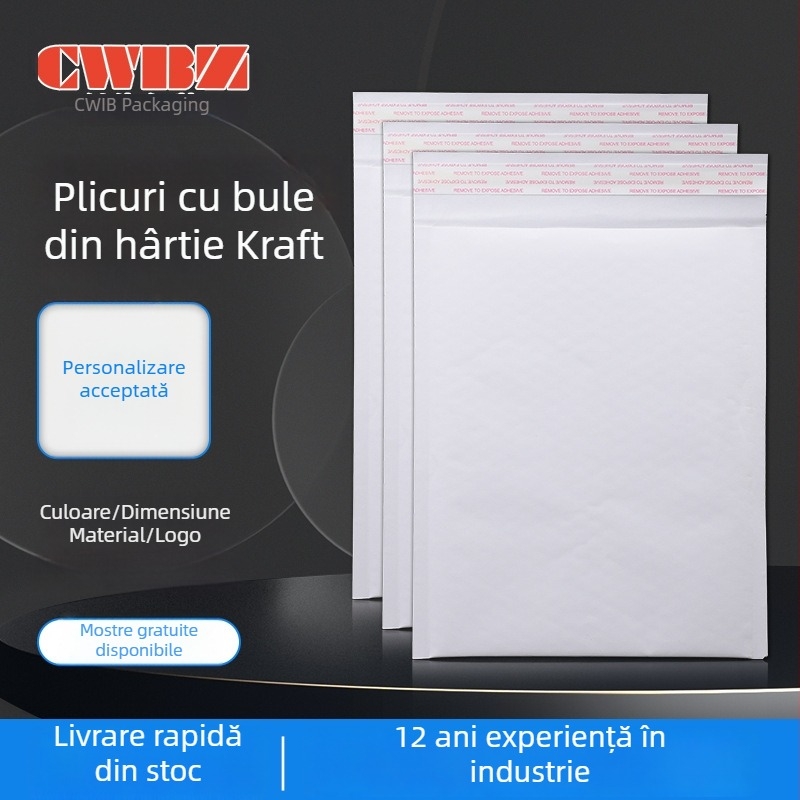 Plic poștal alb din PE kraft cu bule, autoadeziv, burete gros, plic curier lung, dimensiuni externe 11×13+4 cm, interne 9×13+4 cm, reciclat, imprimare logo