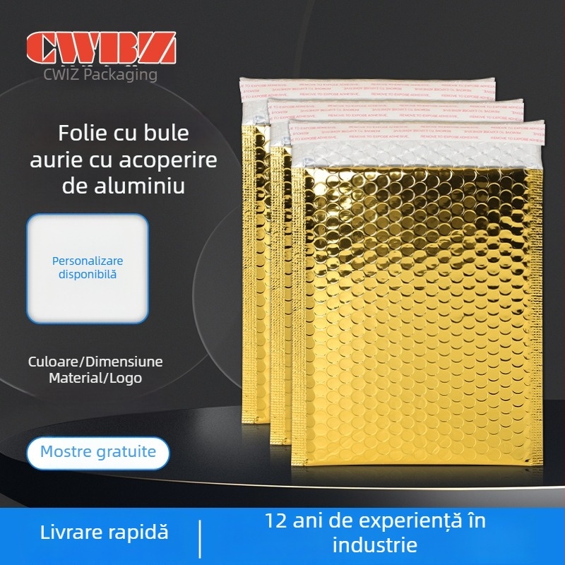 Pungă cu bule acoperire din aluminiu auriu, groasă, rezistentă la șocuri și căderi, ambalaj impermeabil pentru haine, dimensiuni externe 18x23+4 cm, interne 16x23+4 cm.