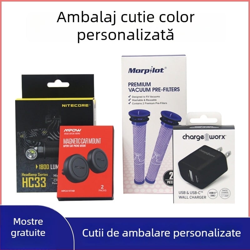 Cutie de ambalaj personalizată din carton alb, cutie în stil avion pentru produse digitale — 250 gsm, embosare, imprimare UV, gravură, ștampilare cu folio argintiu